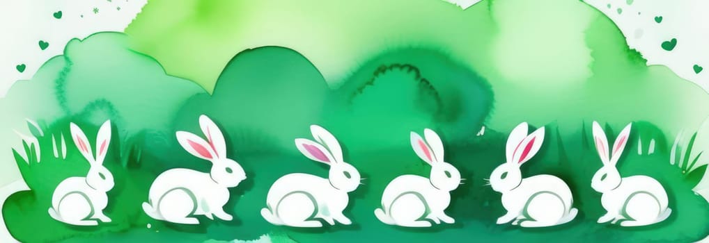 Holiday celebration banner of cute Easter decorated eggs cute Easter bunnys. Illustration of Easter rabbits, eggs on green background.Happy Easter greeting card, banner, festive background. Copy space