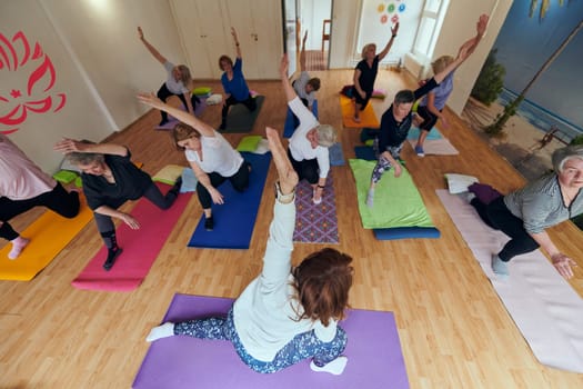 A group of senior women engage in various yoga exercises, including neck, back, and leg stretches, under the guidance of a trainer in a sunlit space, promoting well-being and harmony.