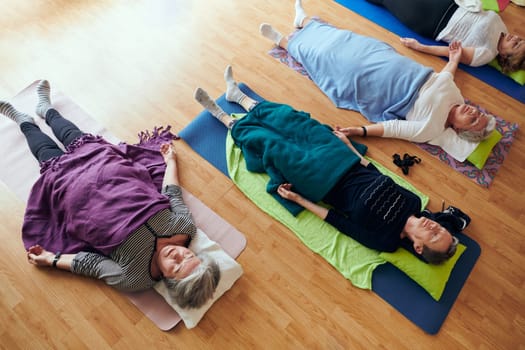 A group of senior women engage in various yoga exercises, including neck, back, and leg stretches, under the guidance of a trainer in a sunlit space, promoting well-being and harmony.