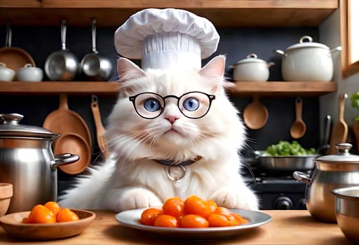 housewife cat in the kitchen preparing food. Image generated by AI.