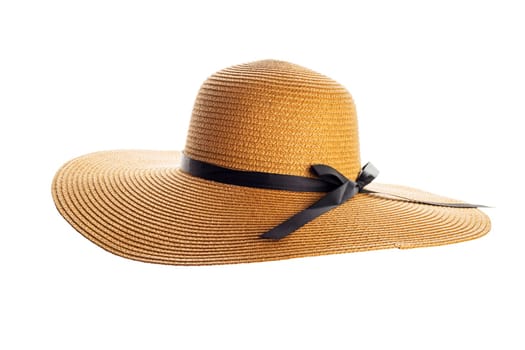 Womens summer yellow straw hat with black ribbon, isolated on white background.