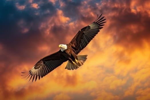 Eagle flying at sunset. Wild bald predator. Generate Ai