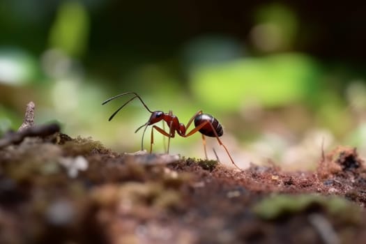 Summer red ant on ground. Wild nature leaf. Generate Ai