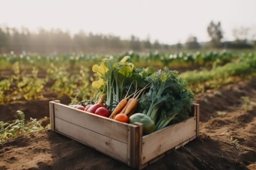 Wood crate of vegetables. Garden farm. Generate Ai