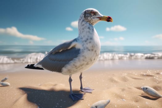 Seagull on sunny beach. Wild summer nature. Generate Ai