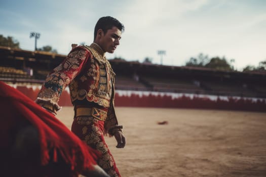 Bull fighting torero. Sport spanish culture. Fictional person. Generate Ai