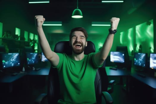 Happy gamer at tournament. Cyber victory. Fictional person. Generate Ai