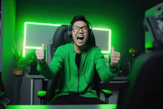Happy victory gamer. Player victory. Fictional person. Generate Ai