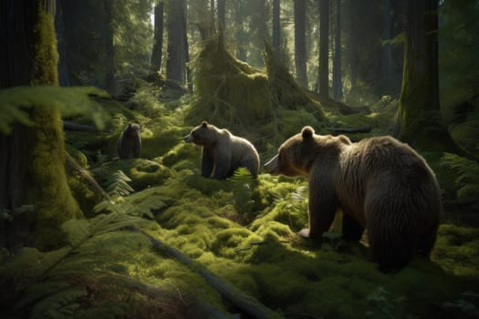 Group of bear search food in forest. Forest wood. Generate Ai