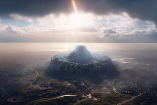 Holy crystal city mountain. Magic sky. Generate Ai