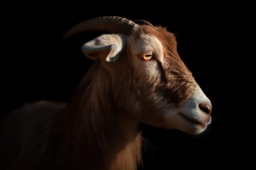 Male goat head in low light. Wild mammal. Generate Ai