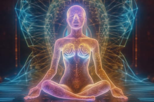Spiritual woman meditation. Space yoga. Generate Ai