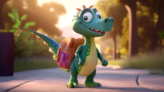 Animated green dinosaur with a backpack on a sunny path - back to school concept - generative AI