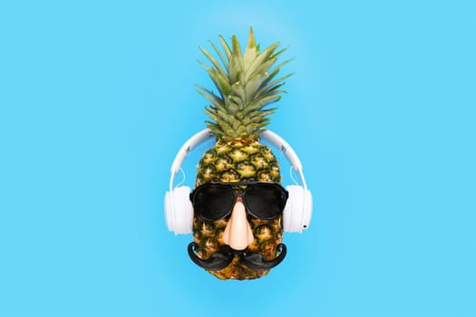 Ripe pineapple with sunglasses and headphones on blue background.