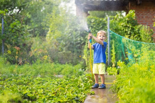 Child watering flowers and plants in garden. Kid with water hose in sunny blooming backyard. Little boy gardening. Children help parents