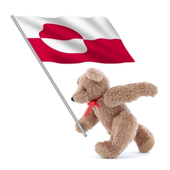 A Greenland flag being carried by a cute teddy bear