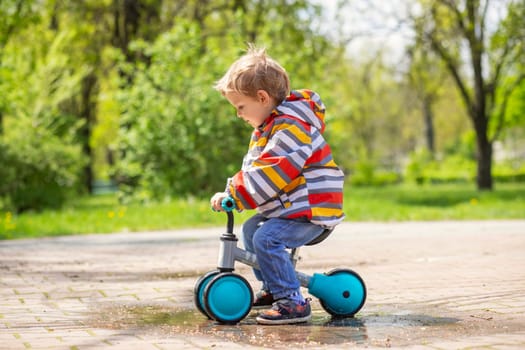 Active blond boy riding balance bike or run bike outdoor park. Active kid playing outside