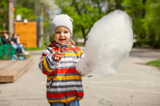 Child boy in an amusement park eats cotton candy. Preschool child eats candy floss with pleasure during the holidays