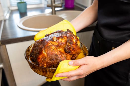 Woman hands taking out roasted chicken out of the oven. Cooking at home, roasting meat in oven