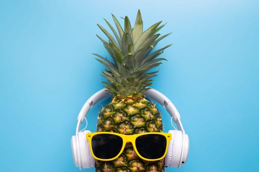 Ripe pineapple with sunglasses and headphones on blue background.