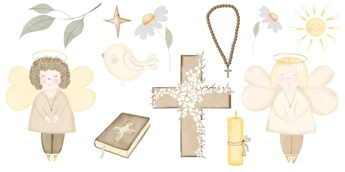 Baby baptism watercolor big set. Illustrations on isolated white background. Angels boy and girl, bible book, cross and candle. Botany elements branch, chamomile flower and bird. Candle with fire and rosary with a cross. Cute clipart for design of christening and birth cards and banners. High quality photo