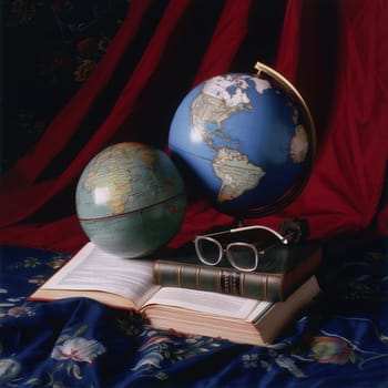 A still life of books, glasses and a globe for education. High quality illustration