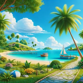 A photorealistic painting showcasing a vibrant coastal scene with a sandy beach, turquoise waters, boats, and palm trees.