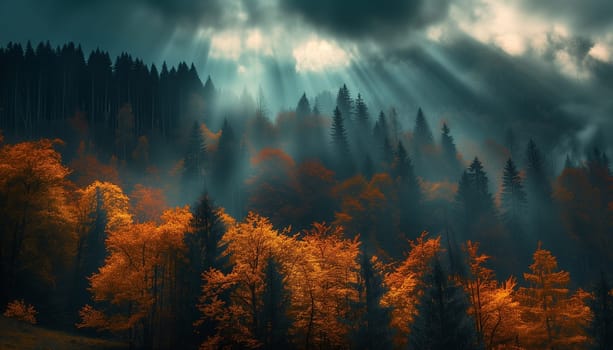 Colorful gloomy misty forest. High quality photo