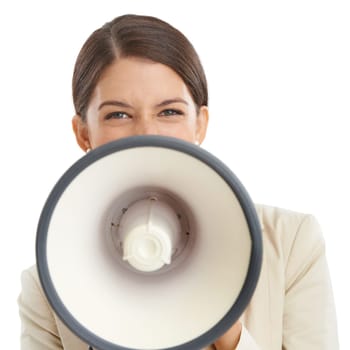 Megaphone, speech and portrait of business woman in studio for news, announcement and information. White background, communication and person with bullhorn for voice, broadcast or attention in studio.