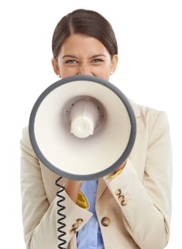 Megaphone, shout and portrait of business woman on white background for news, broadcast and information. Announcement, communication and person with bullhorn for speech, voice and attention in studio.