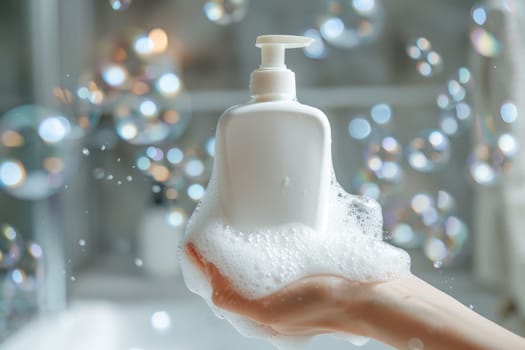 woman's hand hold a white bottle of shampoo in bathroom, Mock up, Copy space for your design.