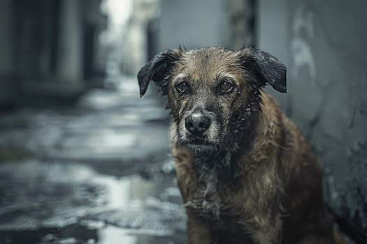 Stray dog, Stray homeless dog. Sad abandoned hungry dog sitting alone in the street under rain.