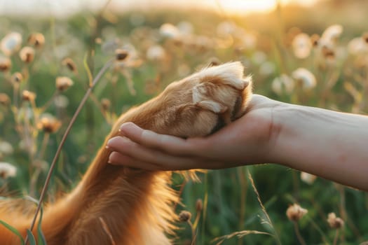 Dog paw in human hands with nature background, Shake a Paw, Take care of animals.