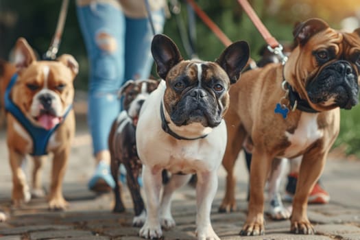 Professional dog walker, Walking dogs on a leash through the park, Canine Companions.