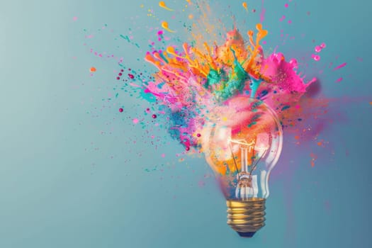 Creative light bulb explodes with colorful paint and colors new idea concept. Generative AI.