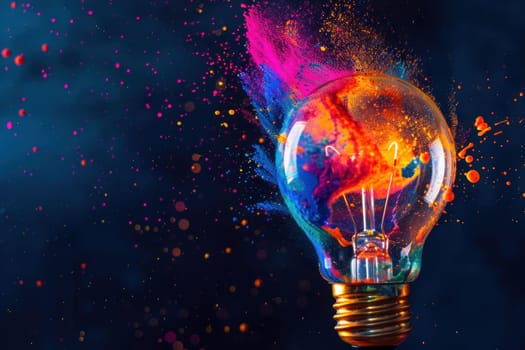 Creative light bulb explodes with colorful paint and colors new idea concept. Generative AI.