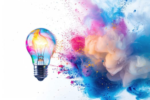 Creative light bulb explodes with colorful paint and colors new idea concept. Generative AI.