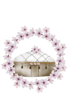 Watercolor postcard for Nauryz holiday. Template with round frame of pink cherry blossoms and Kazakh yurt. Clipart for the Kazakh holiday of the spring equinox. Novruz Asian festival. High quality illustration