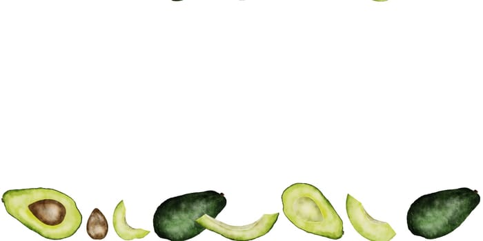 Avocado watercolor border. Hand drawn isolated on white background seamless. Ripe whole exotic fruits, their halves, slices and seeds. Illustration for the design of menus and healthy food pages in magazines. High quality illustration