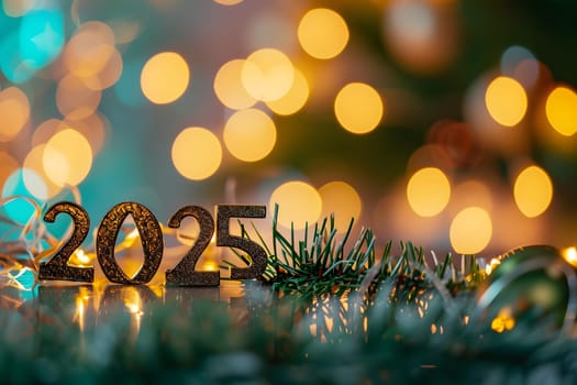Digits 2025 surrounded with Christmas decorations for new year celebration. Neural network generated image. Not based on any actual person or scene.