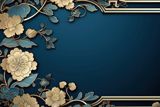 Blue background with a frame of gilded flowers. Chinese traditions.