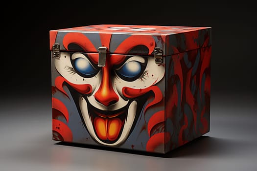 Box of fear. A scary clown face is painted on the box.