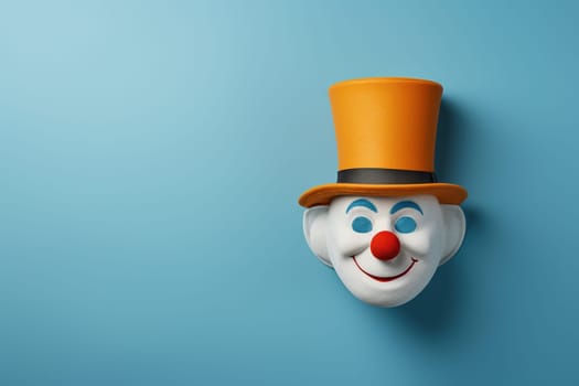 Clown head in a red top hat on a blue background. 1 April Fool's day concept. Copy space.