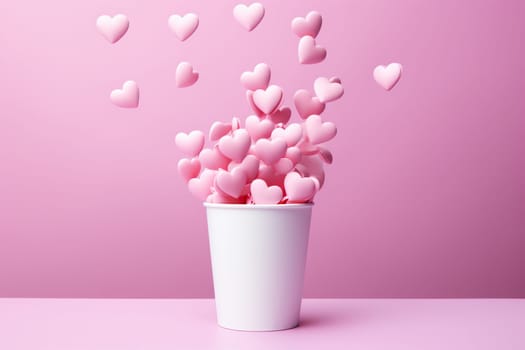 Pink 3D hearts fly out of a white paper cup.