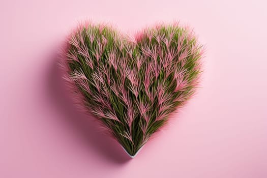 Heart shape cut from green lawn on a pink background.