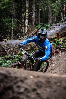 MAYDENA, AUSTRALIA - FEBRUARY 23: Darcy Coutts of Australia during seeding in Red Bull Hardline Tasmania on February 23, 2024 in Maydena, Australia.