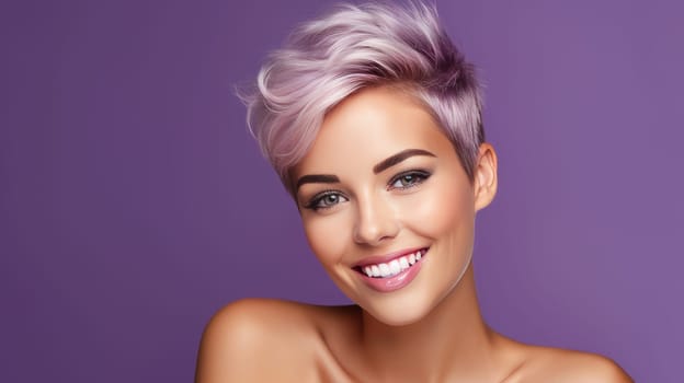 Portrait of a beautiful, sexy smiling Caucasian woman with perfect skin and short haircut, on a purple background. Advertising of cosmetic products, spa treatments, shampoos and hair care, dentistry and medicine, perfumes and cosmetology for women.