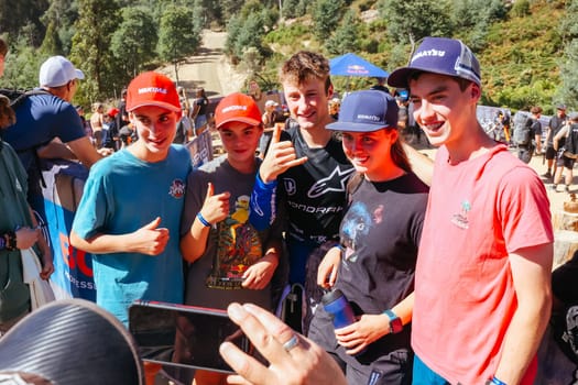 MAYDENA, AUSTRALIA - FEBRUARY 24: Ronan Dunne of Ireland with fans after winning Red Bull Hardline Tasmania on February 24, 2024 in Maydena, Australia.