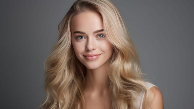 Portrait of a beautiful, sexy Caucasian woman with perfect skin and white long hair, on a gray background. Advertising of cosmetic products, spa treatments, shampoos and hair care, dentistry and medicine, perfumes and cosmetology for women.