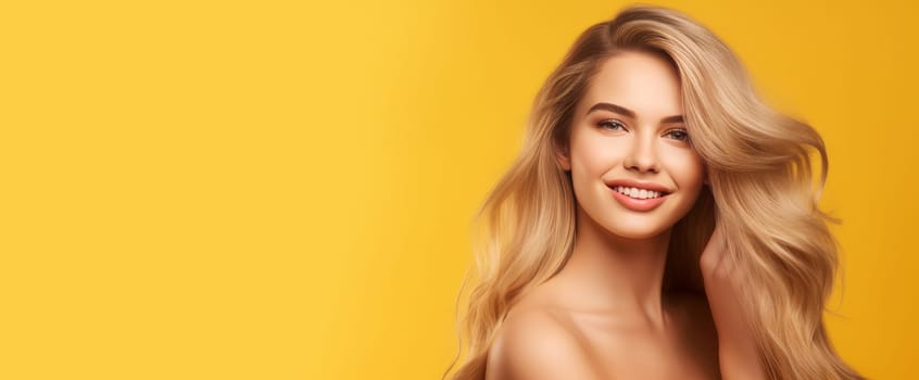 Portrait of a beautiful, sexy Caucasian woman with perfect skin and white long hair, on a yellow background. Advertising of cosmetic products, spa treatments, shampoos and hair care, dentistry and medicine, perfumes and cosmetology for women.